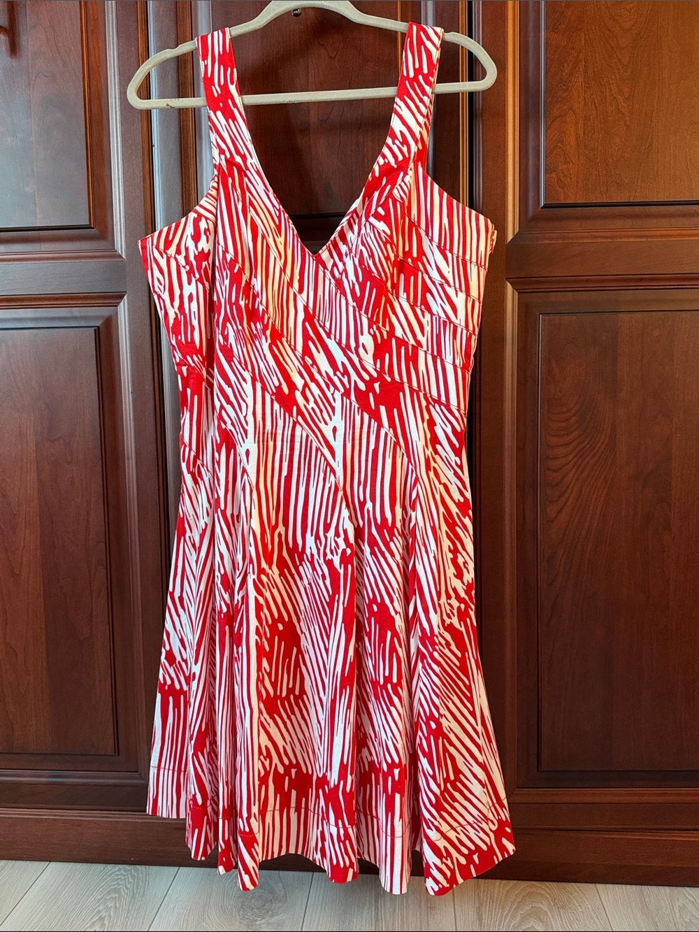 Calvin Klein Red and White Abstract V-Neck Fit-and-Flare Dress